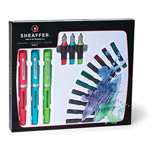 Load image into Gallery viewer, Sheaffer Viewpoint Calligraphy Maxi Kit: 3 Fountain Pens with 3 Nibs, 20 Assorted Ink Cartridges, Instructions, and Tracing Pad
