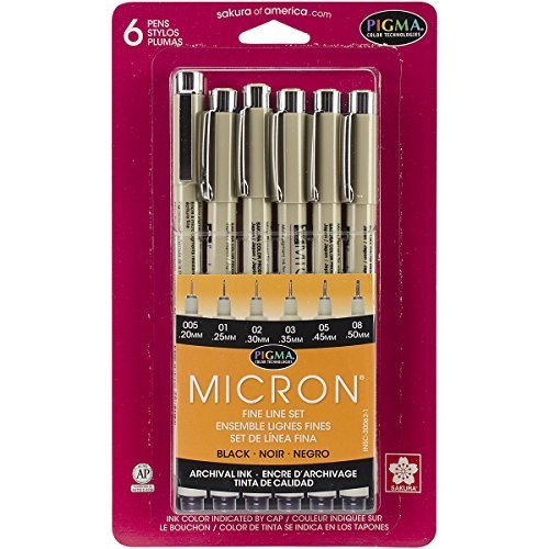 Wholesale CASE of 15 - Sakura Micron Fade-resistant Pen Sets-Permanent Marker, Fade-resistant, 6 Sizes, 6/PK, Black