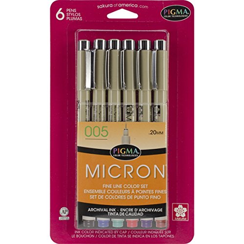 Sakura NOM328088 Pigma Micron Pen Set #005 0.2mm, 6 Per Pack, Black, Red, Blue, Green, Brown, Purple