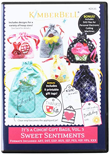 Load image into Gallery viewer, KimberBell - It&#39;s a Cinch! Gift Bags, Volume 3: Sweet Sentiments Machine Embroidery CD
