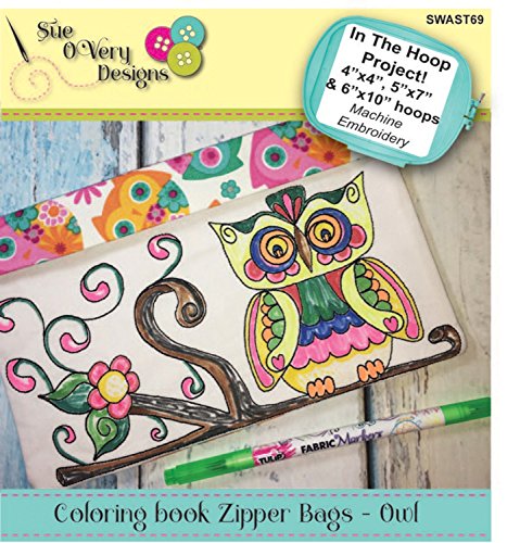 Load image into Gallery viewer, SueOVeryDesigns Owl Coloring Book Zipper Bags in The Hoop Embroidery CD
